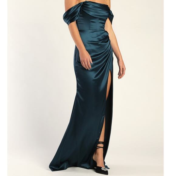 Lulus NWT Stunning Arrival Dark Teal Satin Off-the-Shoulder Maxi Dress Medium - Picture 2 of 10